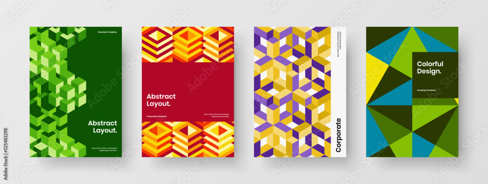 Premium corporate identity design vector layout composition. Vivid geometric hexagons leaflet concept bundle.