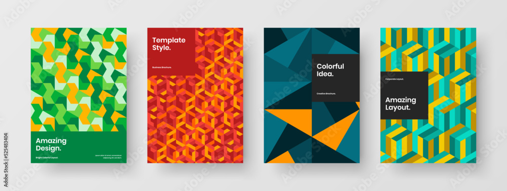 Bright magazine cover A4 design vector layout set. Minimalistic mosaic hexagons presentation template composition. Bright magazine cover A4 design vector layout set. Minimalistic mosaic hexagons presentation template composition.