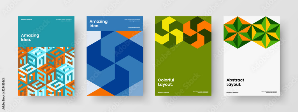 Unique geometric hexagons journal cover concept collection. Amazing presentation A4 vector design template composition.