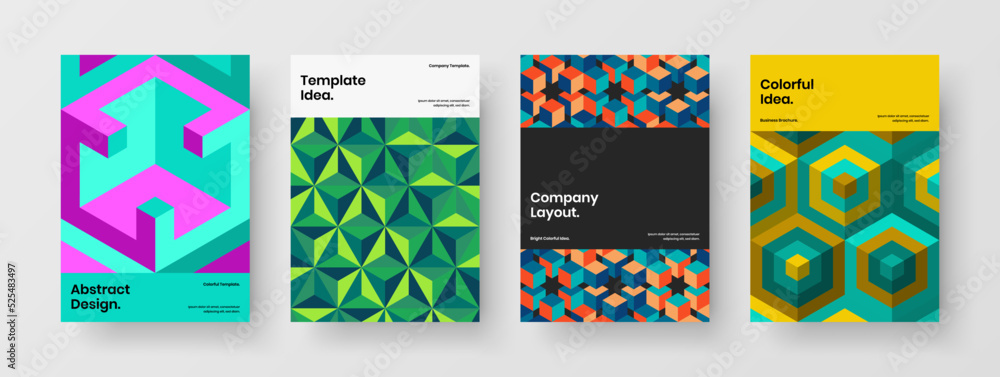Original mosaic pattern cover illustration bundle. Vivid corporate brochure design vector template set.
