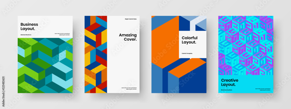 Bright mosaic pattern leaflet concept composition. Trendy banner A4 vector design template set.