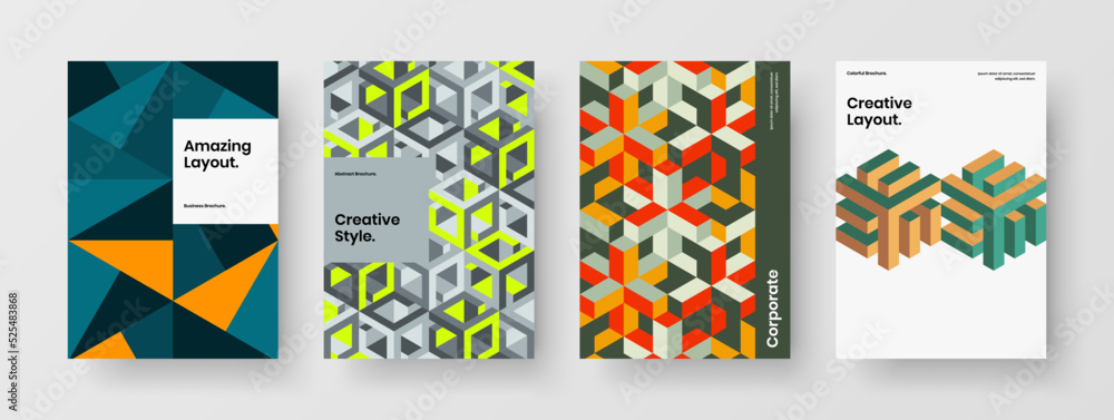 Abstract geometric hexagons pamphlet concept composition. Vivid flyer A4 design vector illustration set.