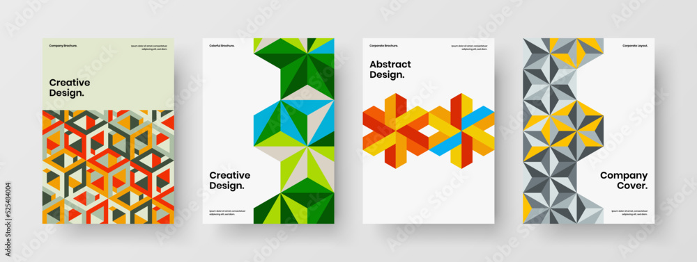 Fototapeta premium Bright geometric pattern annual report illustration bundle. Creative book cover A4 design vector layout set.