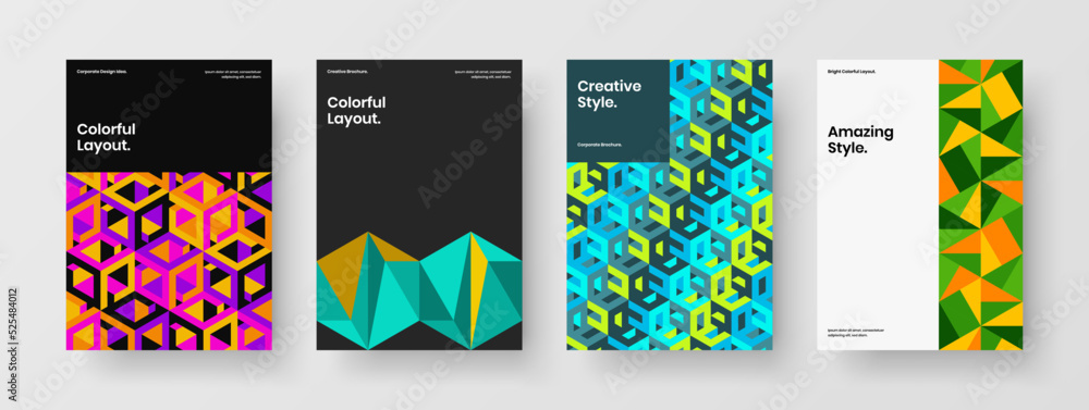 Bright company identity design vector layout bundle. Modern geometric tiles postcard template set.