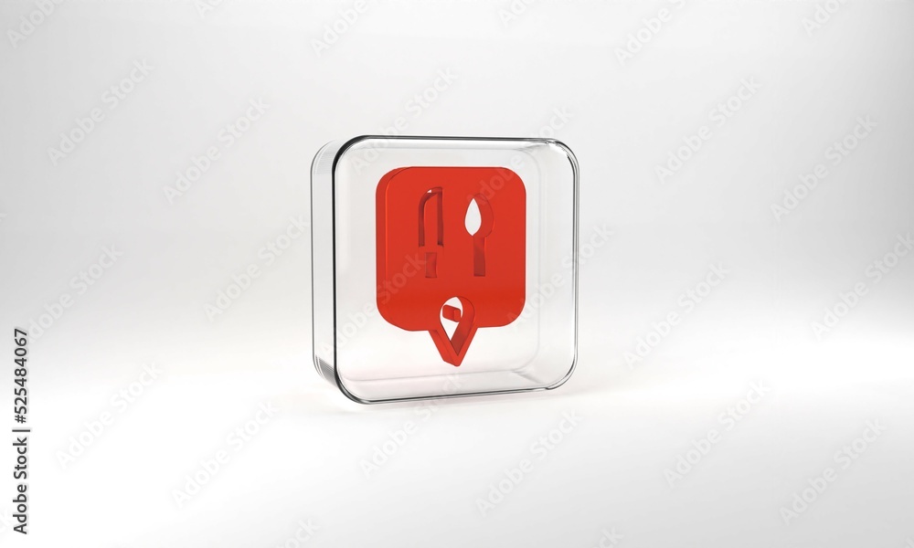Red Cafe and restaurant location icon isolated on grey background. Knife and spoon eatery sign inside pinpoint. Glass square button. 3d illustration 3D render. Red Cafe and restaurant location icon isolated on grey background. Knife and spoon eatery sign inside pinpoint. Glass square button. 3d illustration 3D render.