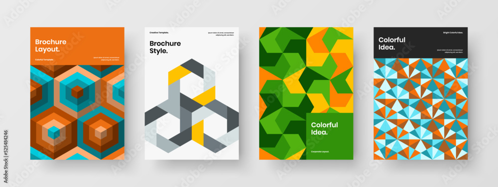 Unique handbill vector design layout set. Fresh mosaic hexagons booklet concept collection.