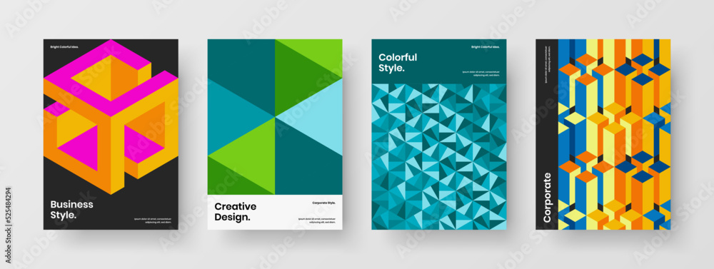 Minimalistic cover A4 design vector layout composition. Colorful mosaic hexagons corporate brochure illustration collection.