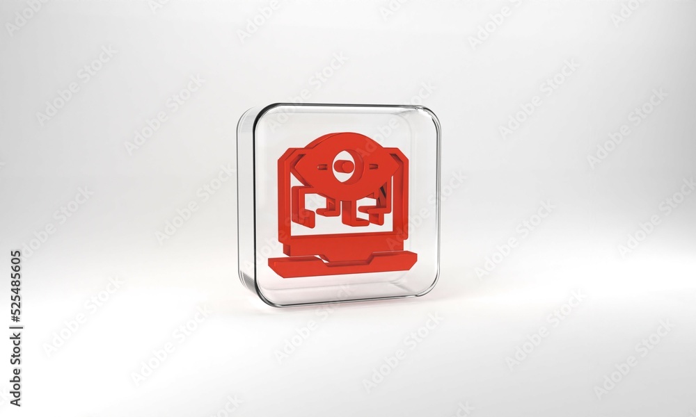 Red Computer vision icon isolated on grey background. Technical vision, eye circuit, video surveillance system, augmented reality systems. Glass square button. 3d illustration 3D render Red Computer vision icon isolated on grey background. Technical vision, eye circuit, video surveillance system, augmented reality systems. Glass square button. 3d illustration 3D render