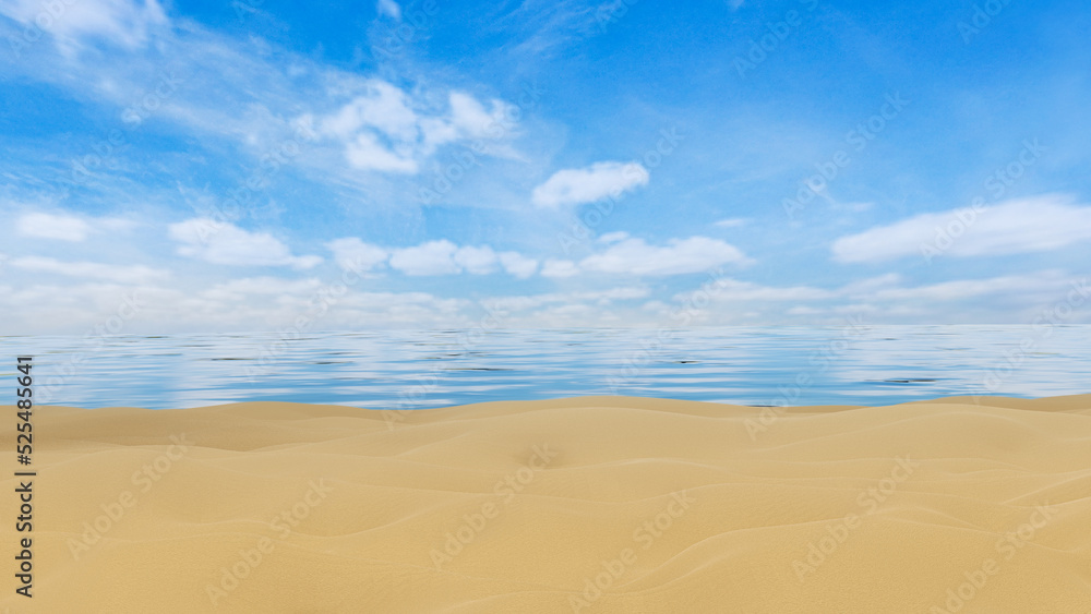 Sand at the sea beach. bright blue sky and the sea has little waves. seaside scenery in the daytime. 3d rendering