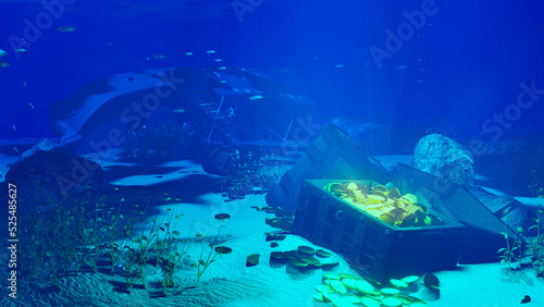 An old treasure chest full of gold coins. drowned under the sea. Undersea treasure concept  wreck  shipwreck. 3D Rendering