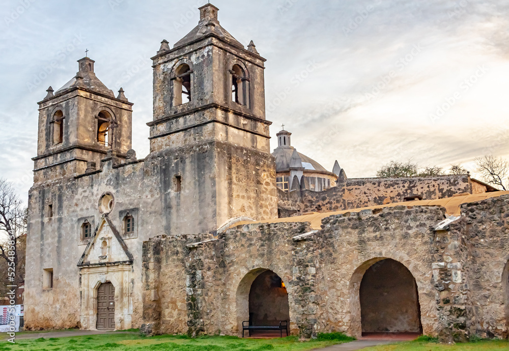Old historic Spanish Mission Concepcion in San Antonio Texas during sunrise