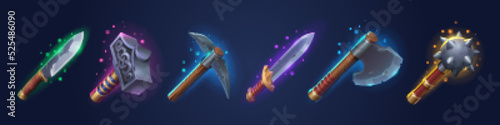 Viking weapons set for computer game isolated on background. Vector illustration of old fantasy axe, knife, sword, mace, hammers made of iron and wood. Bundle of ancient warrior arms, gui props