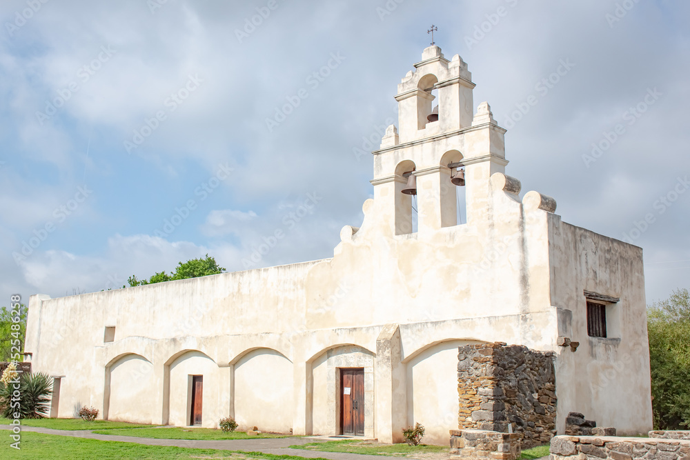 Historic Spanish architecture building San Antonio Texas Mission San Juan on a cloudy day	