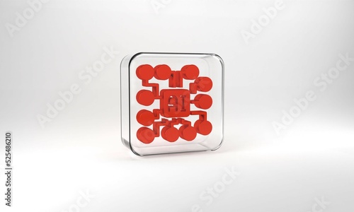 Red Neural network icon isolated on grey background. Artificial intelligence AI. Glass square button. 3d illustration 3D render