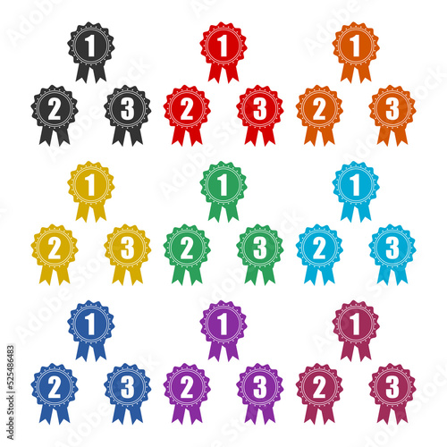 First place second third award winner badge icon. Set icons colorful
