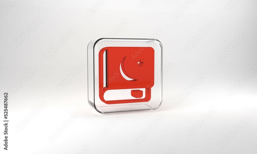 Red Holy book of Koran icon isolated on grey background. Muslim holiday, Eid Mubarak, Eid al-fitr, Ramadan Kareem. Glass square button. 3d illustration 3D render Red Holy book of Koran icon isolated on grey background. Muslim holiday, Eid Mubarak, Eid al-fitr, Ramadan Kareem. Glass square button. 3d illustration 3D render