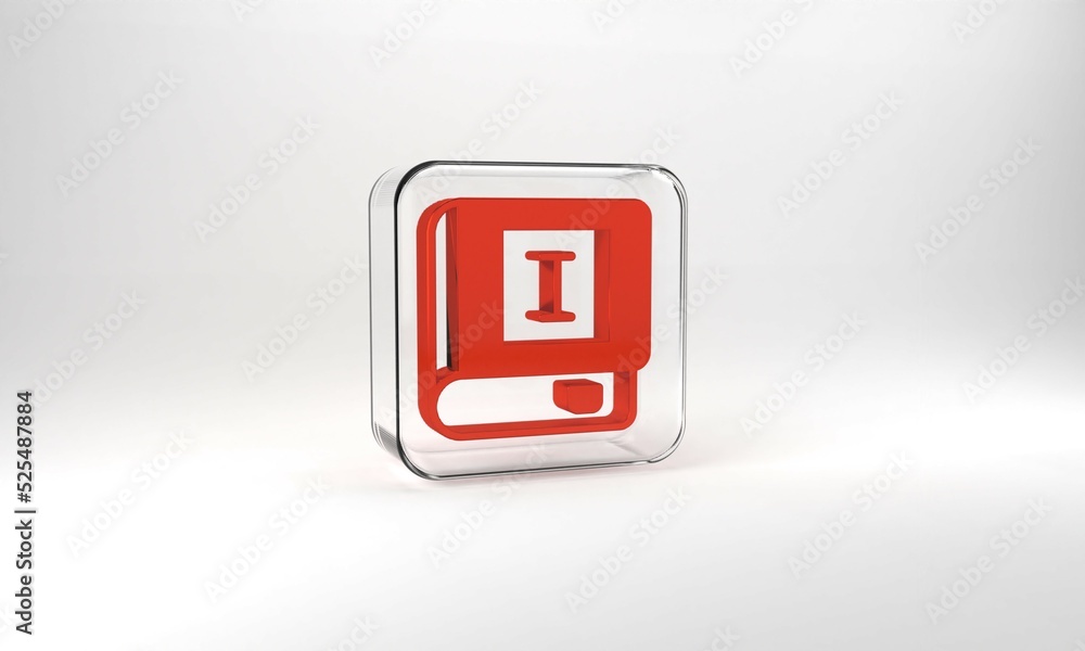 Red Book icon isolated on grey background. First volume. Glass square button. 3d illustration 3D render Red Book icon isolated on grey background. First volume. Glass square button. 3d illustration 3D render