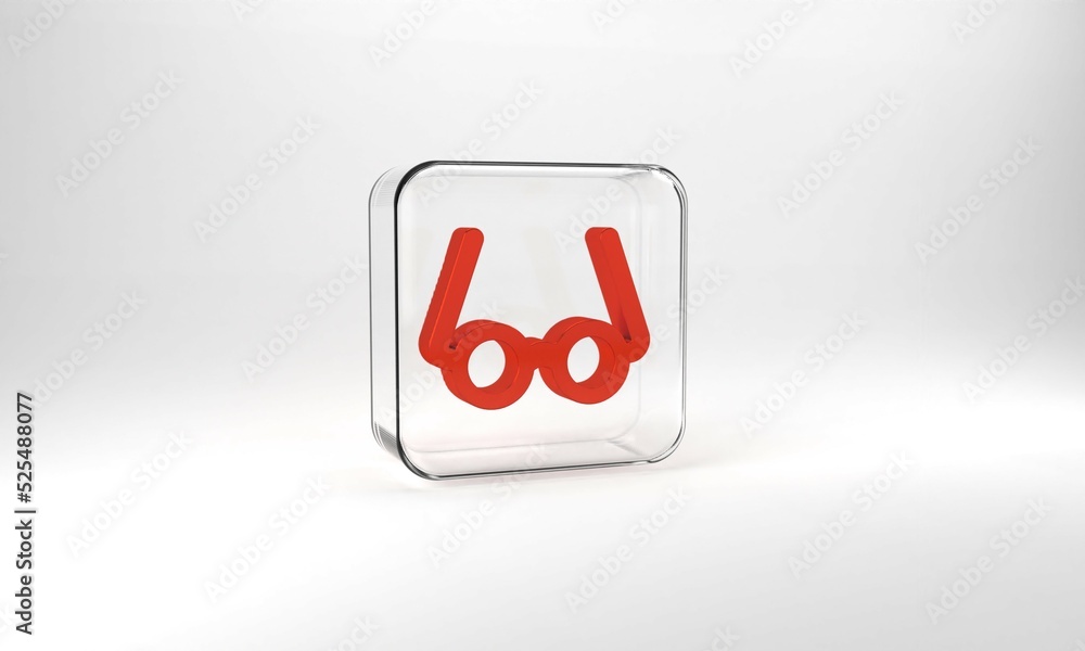 Red Glasses icon isolated on grey background. Eyeglass frame symbol. Glass square button. 3d illustration 3D render Red Glasses icon isolated on grey background. Eyeglass frame symbol. Glass square button. 3d illustration 3D render