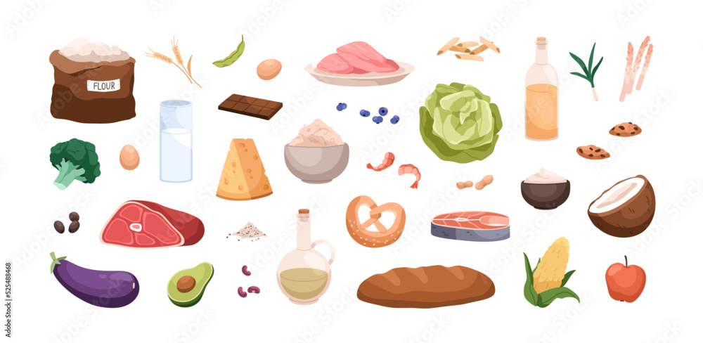 Healthy food, nutritions set. Meat, dairy products, vegetables, fruits, oil, avocado and flour, bread. Protein, carbs and fat eating. Flat cartoon vector illustrations isolated on white background