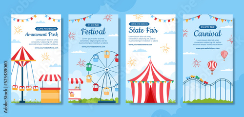 Amusement Park Carnival Social Media Stories Template Hand Drawn Cartoon Flat Illustration