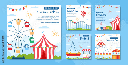 Amusement Park Carnival Social Media Post Template Hand Drawn Cartoon Flat Illustration