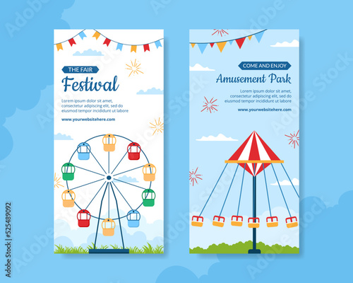 Amusement Park Carnival Vertical Banner Template Hand Drawn Cartoon Flat Illustration