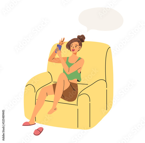 Young female sitting on couch and using smartphone to talking with friend with blank speech balloon. Concept of staying at home and connecting people with online social media. Flat vector illustration