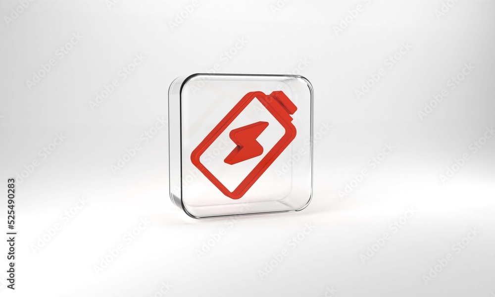 Red Battery charge level indicator icon isolated on grey background. Glass square button. 3d illustration 3D render Red Battery charge level indicator icon isolated on grey background. Glass square button. 3d illustration 3D render