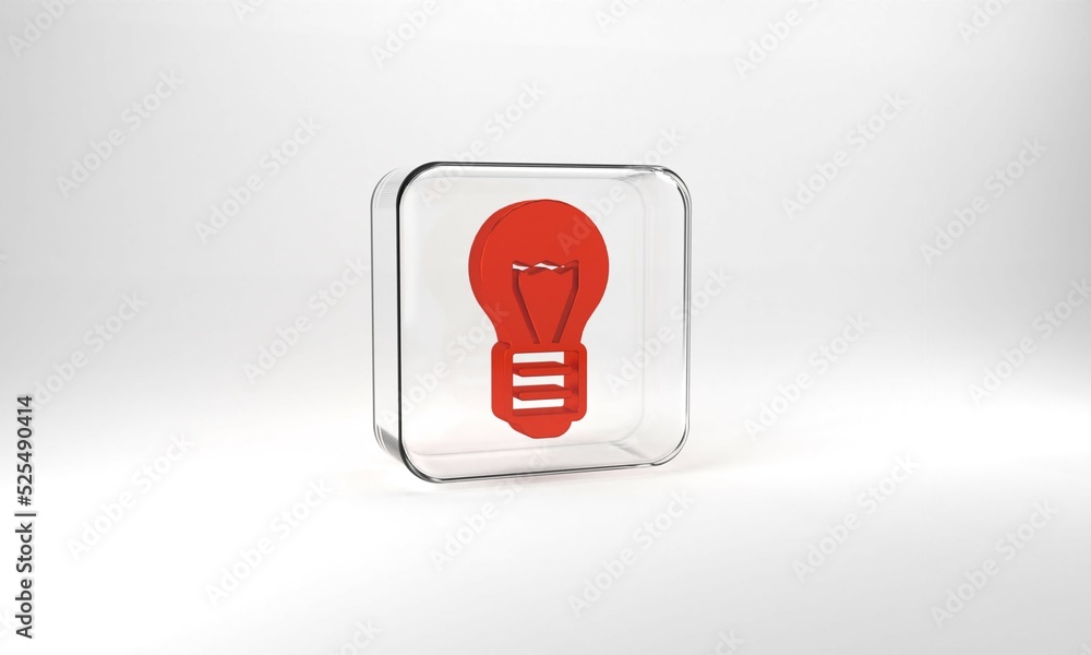 Red Creative lamp light idea icon isolated on grey background. Concept ideas inspiration, invention, effective thinking, knowledge and education. Glass square button. 3d illustration 3D render Red Creative lamp light idea icon isolated on grey background. Concept ideas inspiration, invention, effective thinking, knowledge and education. Glass square button. 3d illustration 3D render