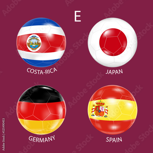 Soccer balls with the colors of the national flags of the participating countries of Group E.International football tournament in Qatar.