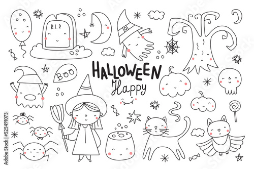 Vector set with cute Halloween icons: ghosts, bat, pumpkins, lusha, balls, witch, cat. Collection of doodles with holiday decorations. Funny Halloween card