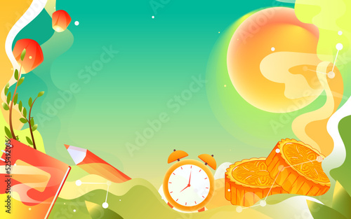 Celebrating teacher's day and mid-autumn festival, students thank teacher with moon and books in background, vector illustration