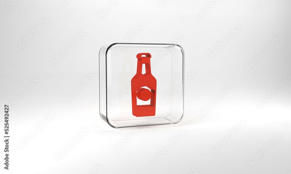 Red Beer bottle icon isolated on grey background. Glass square button. 3d illustration 3D render Red Beer bottle icon isolated on grey background. Glass square button. 3d illustration 3D render