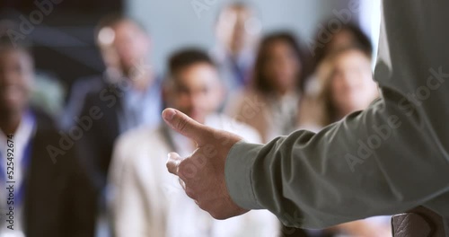 Conference, presentation or workshop with an audience of business people learning new growth strategy. Hands of a speaker talking at a trade show or leadership event giving a speech photo