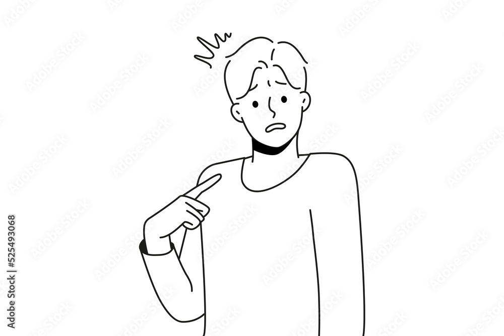 Young confused man point at himself feel insecure and frustrated. Male pointing at self wonder who. Frustration and self-confidence. Vector illustration. Young confused man point at himself feel insecure and frustrated. Male pointing at self wonder who. Frustration and self-confidence. Vector illustration.