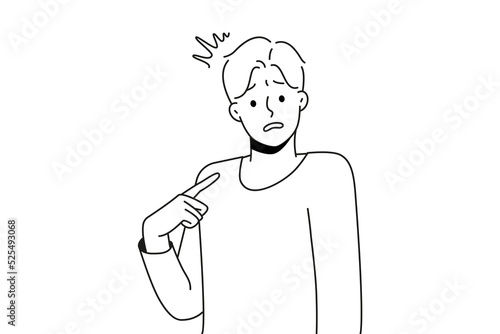 Young confused man point at himself feel insecure and frustrated. Male pointing at self wonder who. Frustration and self-confidence. Vector illustration. 