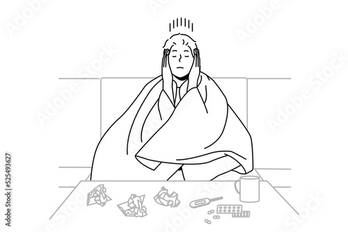 Man sitting in blanket struggle with cold or influenza. Unhealthy male suffer from covid or flu taking meds relaxing at home. Healthcare and medicine. Vector illustration. 