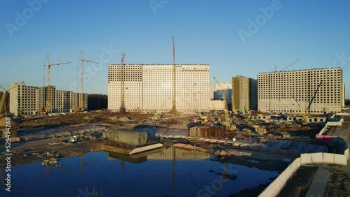 large construction site new quarter construction site unfinished construction drone view. High quality 4k footage