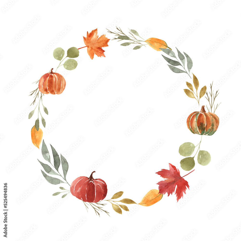Watercolor autumn wreath with yellow, red, green leaves and pumpkins.