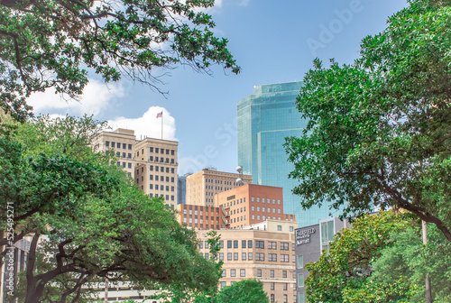 Downtown colorful buildings and trees of the Fort Worth Texas city skyline photo