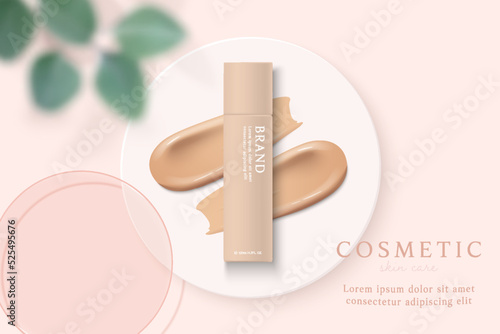 liquid foundation and cosmetics product ads template on pink background.