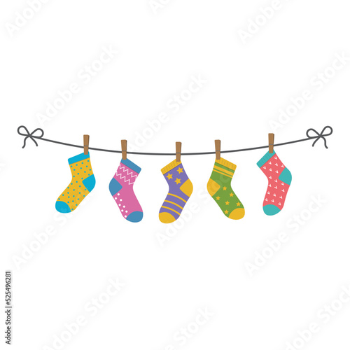 Children's colored socks hanging on a rope, vector isolated illustration