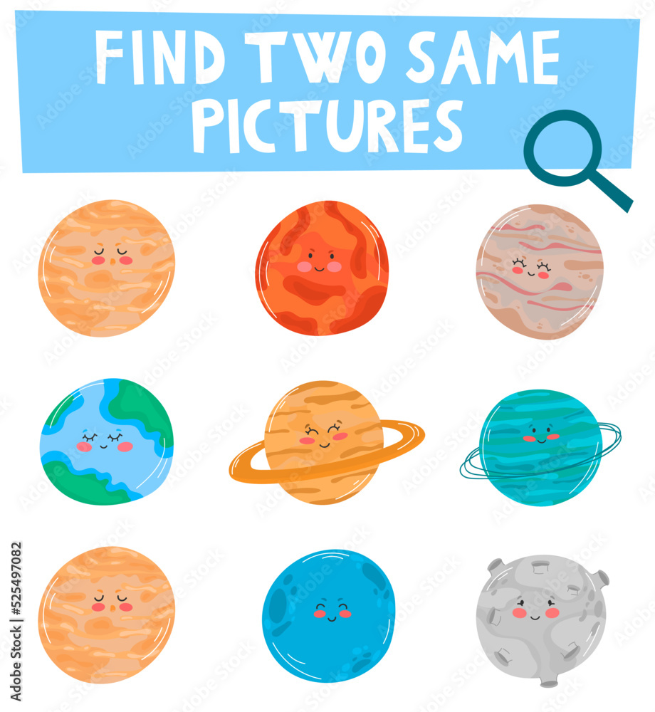 Education game for children find two same pictures cute cartoon solar system planet Education game for children find two same pictures cute cartoon solar system planet