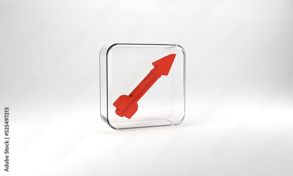Red Medieval arrow icon isolated on grey background. Medieval weapon. Glass square button. 3d illustration 3D render Red Medieval arrow icon isolated on grey background. Medieval weapon. Glass square button. 3d illustration 3D render