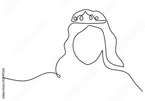 One continuous single line hand drawing of woman queen wear crown with isolated on white background.
