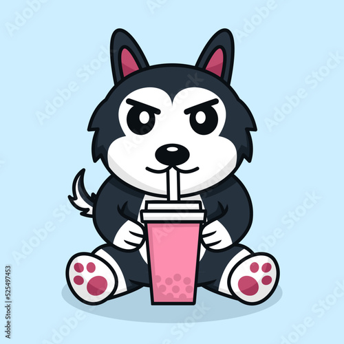 Vector illustration of cute dog premium drinking boba