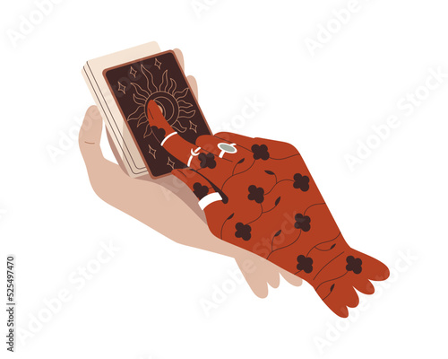 Witch hands with magic tarot cards. Fortune telling with esoteric occult deck, mystic taro reading, future prediction, divination concept. Flat vector illustration isolated on white background