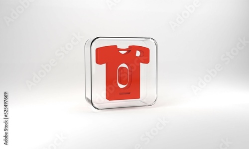 Red Football jersey and t-shirt icon isolated on grey background. Glass square button. 3d illustration 3D render