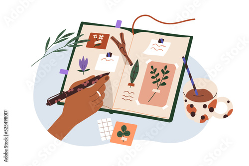 Hand arranging leaf plants, flowers in scrapbook, writing notes, designing pages. Creative girls diary, paper notebook and coffee cup. Flat graphic vector illustration isolated on white background