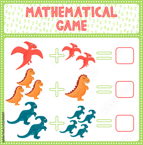 Education game for children fun addition by guess the correct number of cute cartoon dinosaurs. Printable worksheet. Vector illustrtion